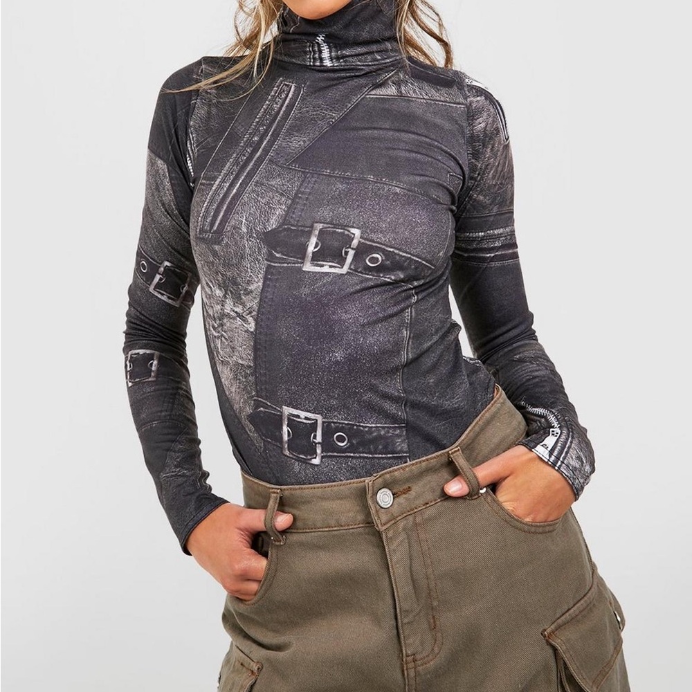 Boohoo Denim Print Long Sleeve Bodysuit